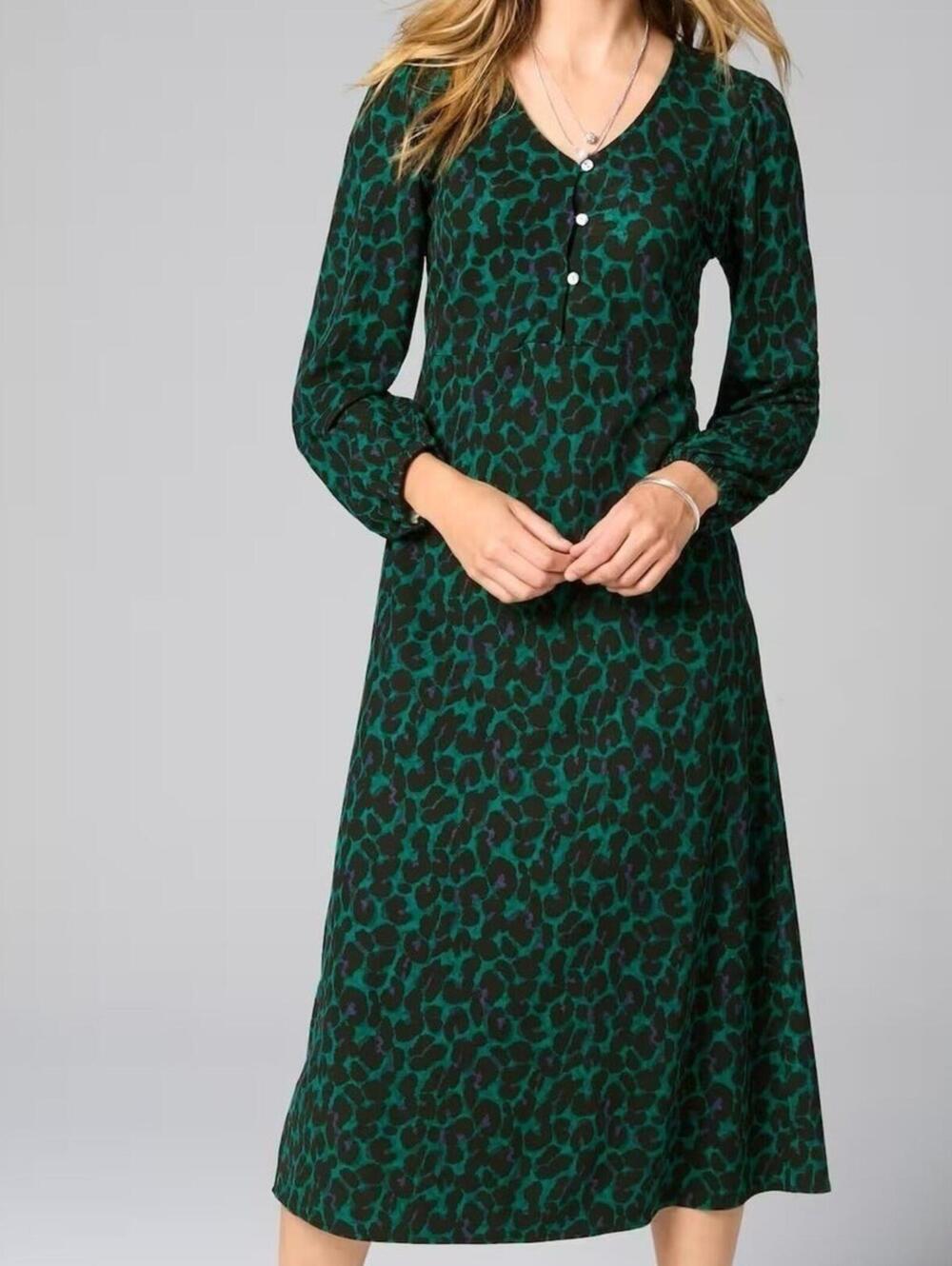 New J.Jill $139 LP Green Leopard Print Lightweight Ponte Knit Button Front Dress